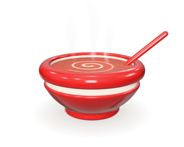 The red Brick House Soups bowl from the logo, filled with tomato bisque